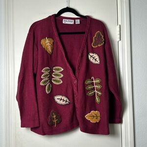Gina Peters Vintage Embroidered Autumnal Fall Cardigan Knit Sweater Size Medium